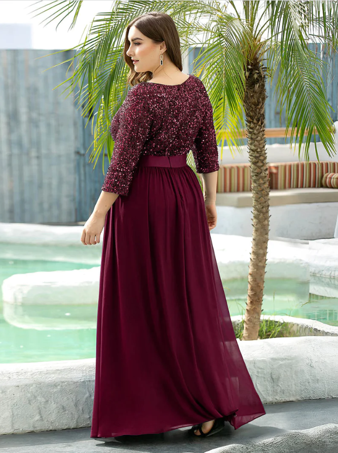Bordové spoločenské šaty s rukávmi model 0685 - 50