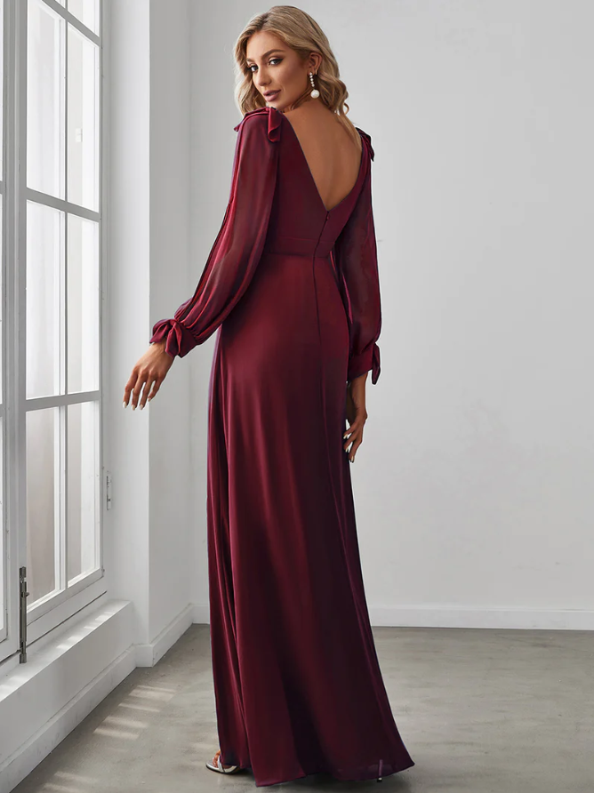 Dlhé elegantné bordové šaty s dlhým rukávom model 80116 - 42