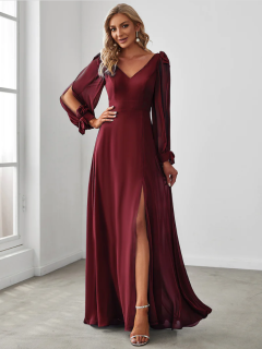 Dlhé elegantné bordové šaty s dlhým rukávom model 80116 - 42